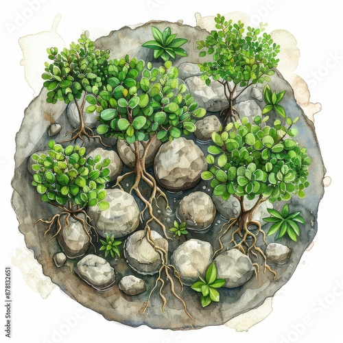 An overhead view of a mangrove reforestation project with seedlings being planted