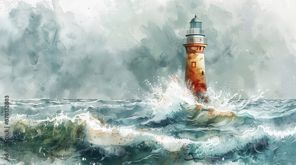 A watercolor depiction of a historic lighthouse during a storm