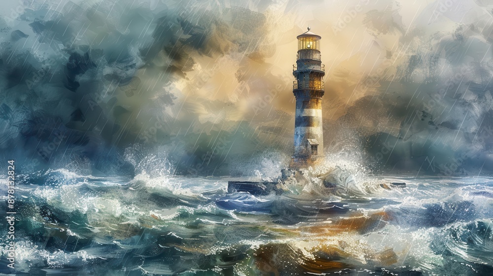 A watercolor depiction of a historic lighthouse during a storm