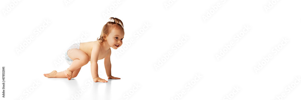 Obraz premium Happy, smiling baby girl in diaper moving, crawling isolated on white background. Active and healthy. Concept of childhood, care, health, infancy, lifestyle, motherhood. Banner. Copy space for ad