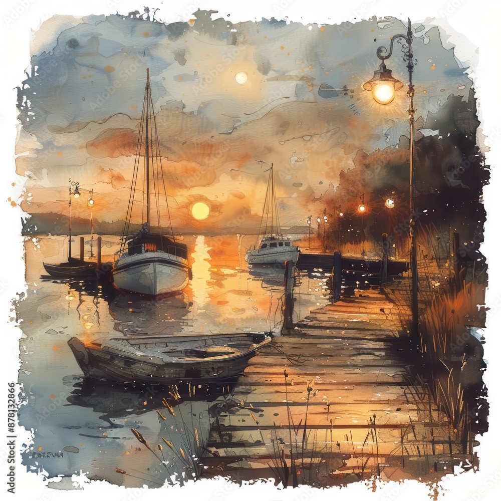A peaceful sunset over a calm lake, with boats docked at a pier and the warm glow of streetlights illuminating the scene.