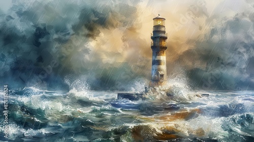Obraz na płótnie A watercolor depiction of a historic lighthouse during a storm w salonie