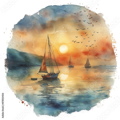 A morning scene with sailboats setting out at sunrise, rendered in watercolor, handdrawn on a white background, in warm earth tones for a nursery theme, PNG dicut photo