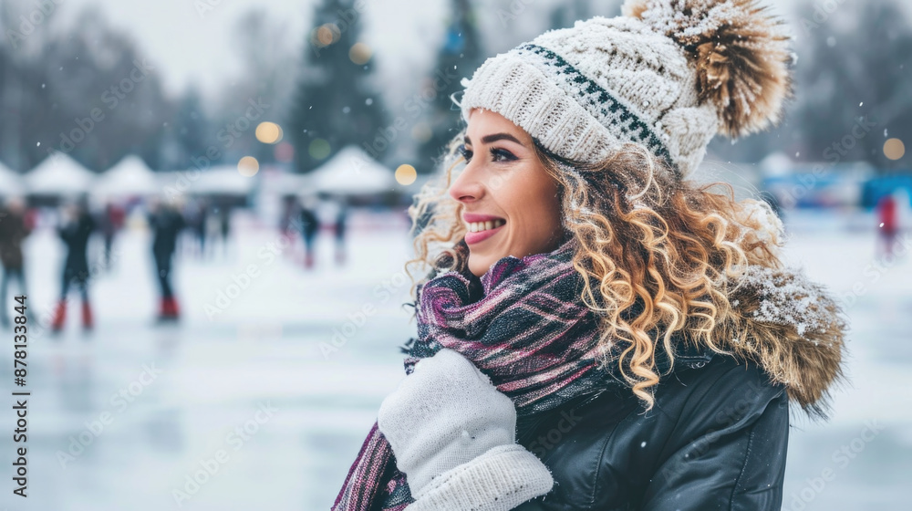 A woman with curly hair is dressed warmly, wearing a hat and scarf A woman with curly hair is dressed warmly, wearing a hat and scarf