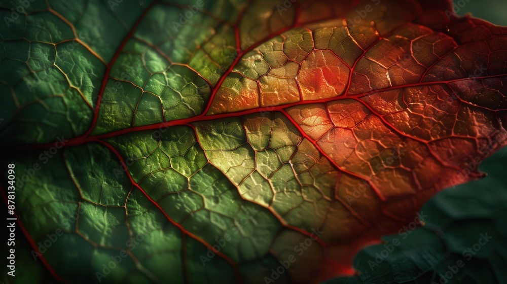 Obraz premium Closeup of colorful leaf veins nature's intricate patterns and vivid autumn colors