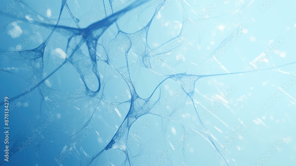 Naklejka premium Blue color displays cell structure and brain patterns. Some neurons glow in soft light blue in a highly detailed textured display