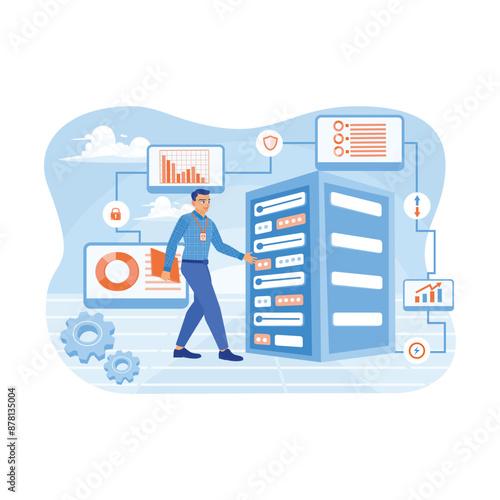IT experts check and maintain the server room. Business data is stored in server racks. Server maintenance concept. Flat vector illustration.