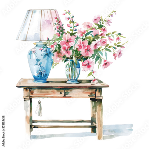 Flower table, vase, watercolor lamp on white background.