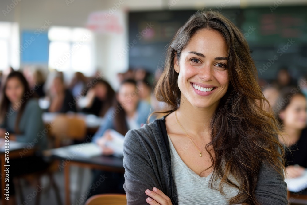 Portrait of a smiling female teacher posing with arms folded in the classroom Portrait of a smiling female teacher posing with arms folded in the classroom
