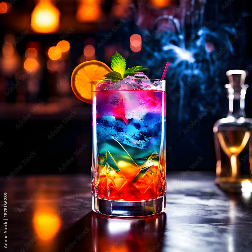 A creative and artistic cocktail with layers of different colored liquids, served in a unique glass. A creative and artistic cocktail with layers of different colored liquids, served in a unique glass.