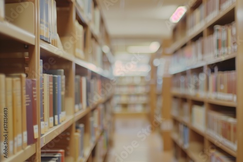 Blurred college library. Bookshelves and classroom in blurry focus