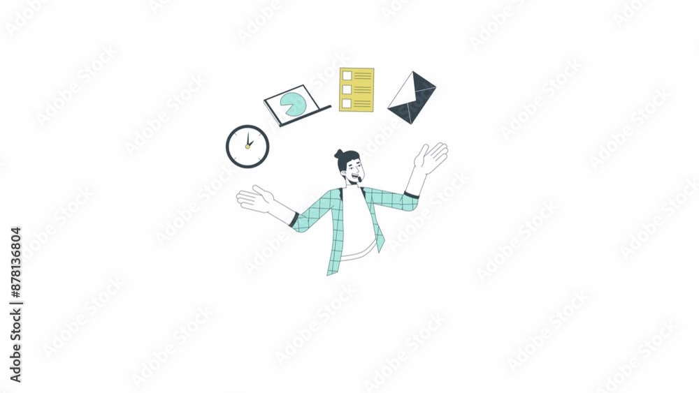 Happy caucasian man handling with multiple tasks line 2D character animation. Productive employee flat color cartoon 4K video, alpha channel. European male at job animated person on white background Happy caucasian man handling with multiple tasks line 2D character animation. Productive employee flat color cartoon 4K video, alpha channel. European male at job animated person on white background
