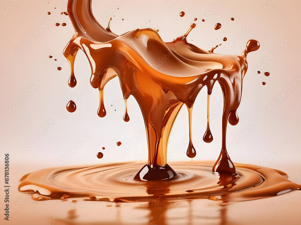a caramel splash, sweet liquid candy swirls, and waves splashing with droplets. Isolated brown melt toffee syrup stream with splatters and dynamic motion, with isolated on a background a caramel splash, sweet liquid candy swirls, and waves splashing with droplets. Isolated brown melt toffee syrup stream with splatters and dynamic motion, with isolated on a background