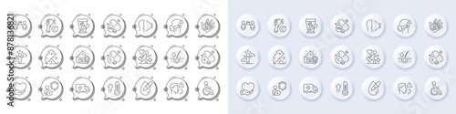 Shield, High thermometer and Social distancing line icons. White pin 3d buttons, chat bubbles icons. Pack of Face id, Disability, Manganese mineral icon. Vector