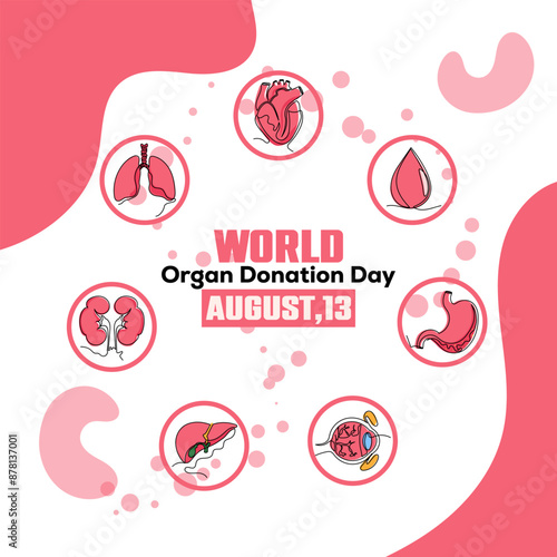 World Organ Donation Day for liver, heart, kidneys, Eyes, lungs, and stomach Transplantation, World Organ Donation Day is on the 13th of August. Vector template Design.
