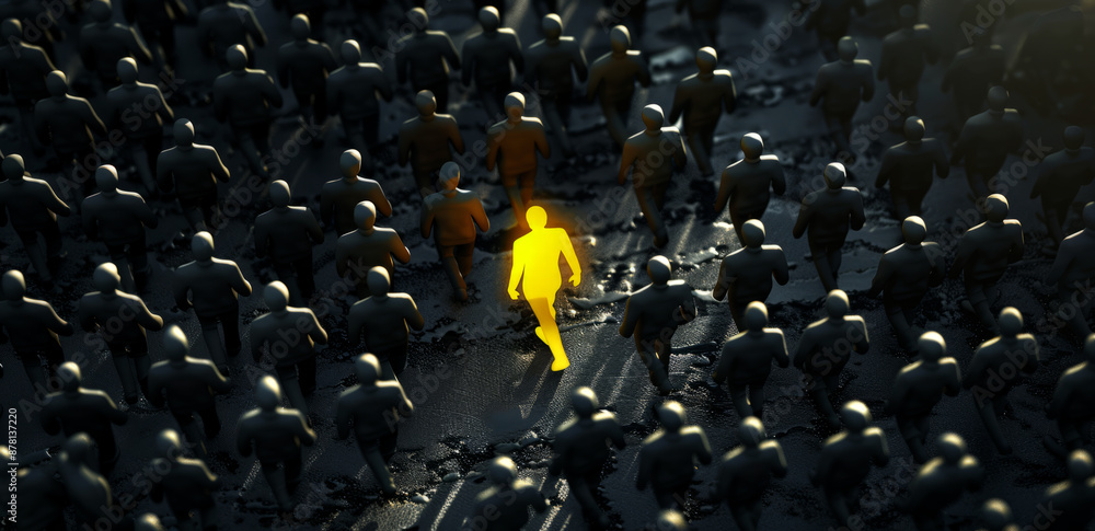 Fototapeta premium person figure through in crowd, black background with gray people figures,