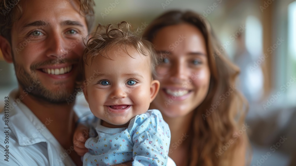 A happy family portrait with a father holding their baby and a mother smiling in the background A happy family portrait with a father holding their baby and a mother smiling in the background