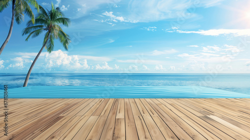 wooden floor with infinity pool on beach background 
