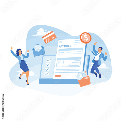 Man and woman jumping in the air. Employees are happy to get a monthly salary. Payroll concept. Flat vector illustration.