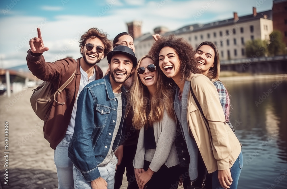 A group of friends laughing and enjoying a day out in the city, posing for a photo. A group of friends laughing and enjoying a day out in the city, posing for a photo.