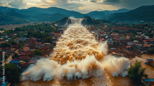 Fototapeta Naklejka Na Ścianę i Meble -  A small town is submerged under floodwaters, with the powerful water flows causing significant damage to streets and houses.