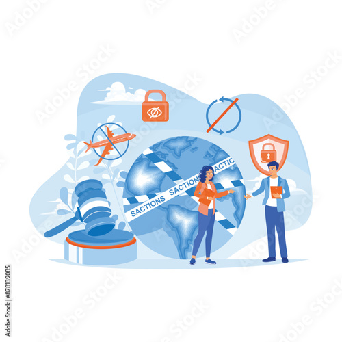 International legal protection. Import-export entrepreneurs limit trade with other countries. Sanctions concept. Flat vector illustration.