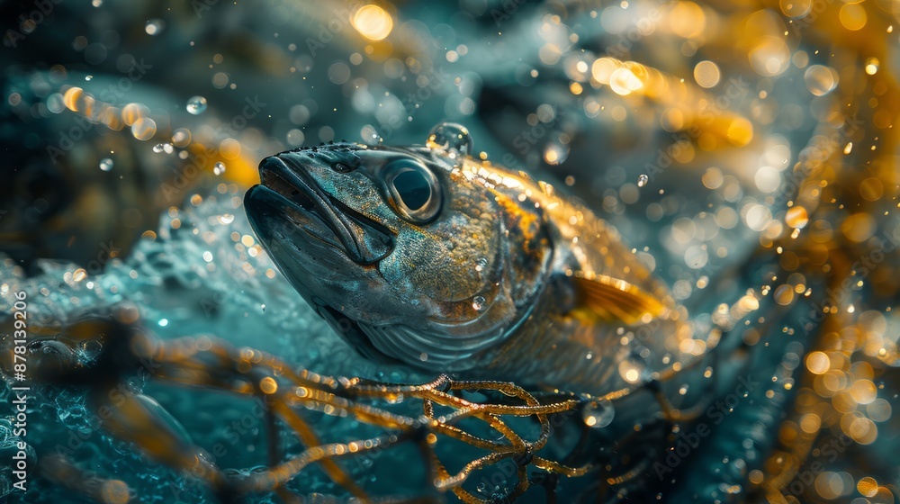 The image shows a vast fishing net capturing an assortment of marine species, illustrating the strain that industrial fishing places on oceanic ecosystems. The image shows a vast fishing net capturing an assortment of marine species, illustrating the strain that industrial fishing places on oceanic ecosystems.