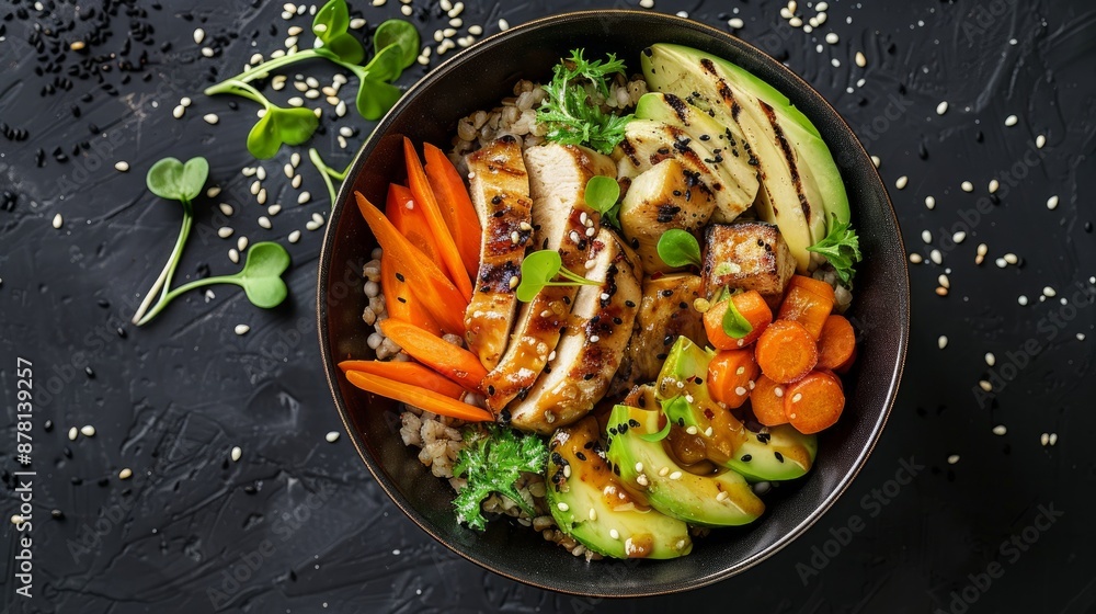 Pumpkin, chicken, avocado, and carrots in a buckwheat bowl. shot against a dark backdrop to allow space for your text Pumpkin, chicken, avocado, and carrots in a buckwheat bowl. shot against a dark backdrop to allow space for your text