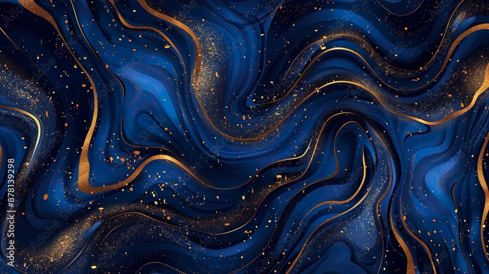 Fototapeta premium Blue And Gold Abstract Marble Background With Glittering Details And Fluid Art Design