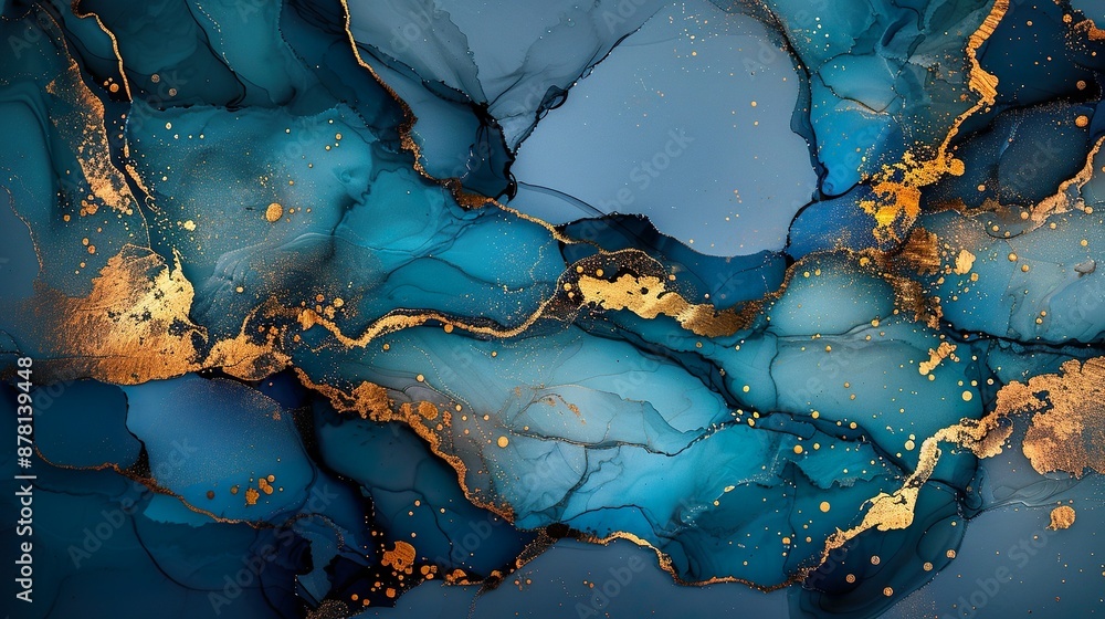 Fototapeta premium Blue And Gold Marble Texture With Glitter And Fluid Swirling Patterns And Elegant Design