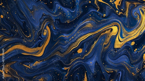 Blue And Gold Fluid Marble Art With Glitter Highlights And Swirling Abstract Patterns