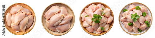 Raw chicken meat in a round plate top view isolated on transparent background PNG file