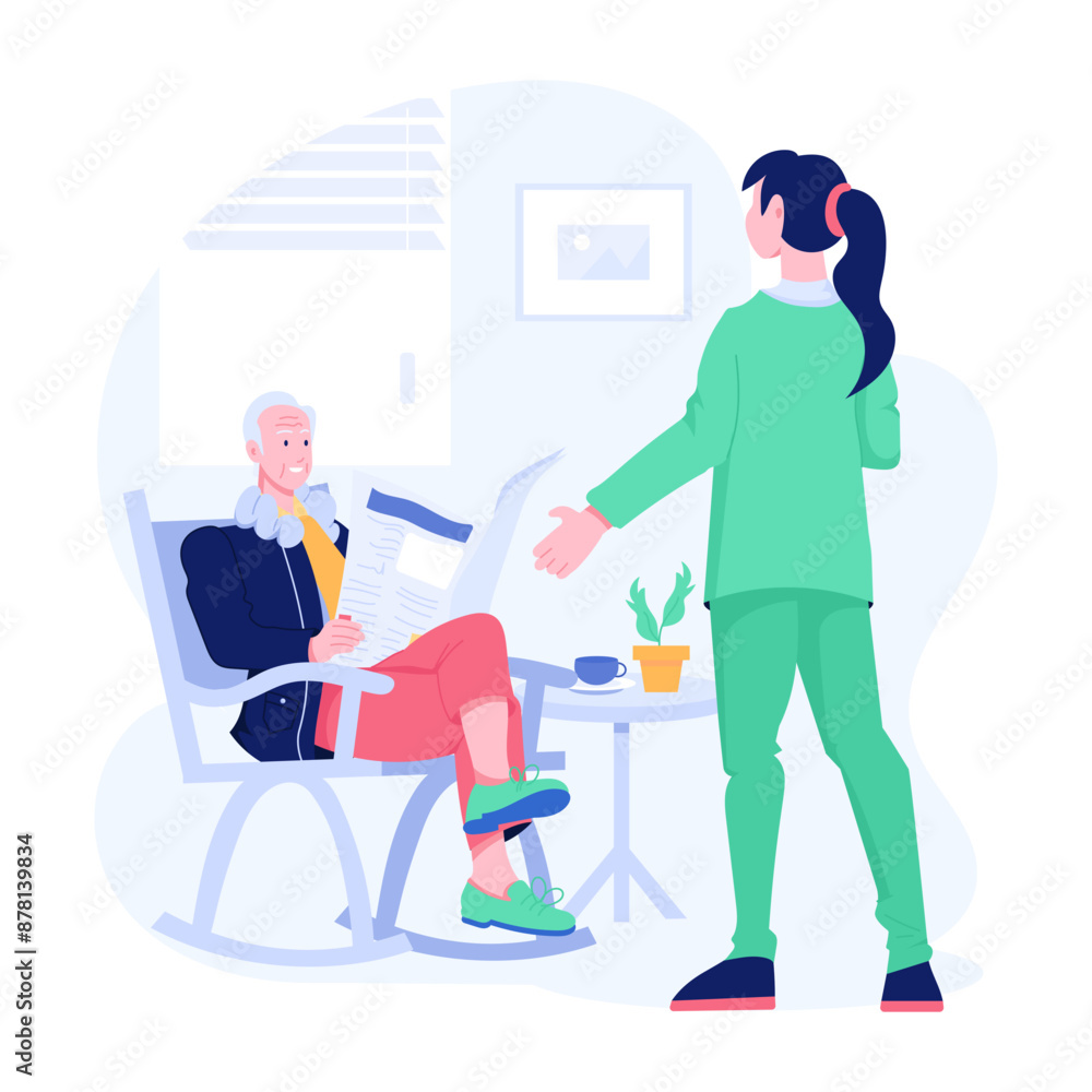 Geriatric nurse talking with elderly man, flat illustration 