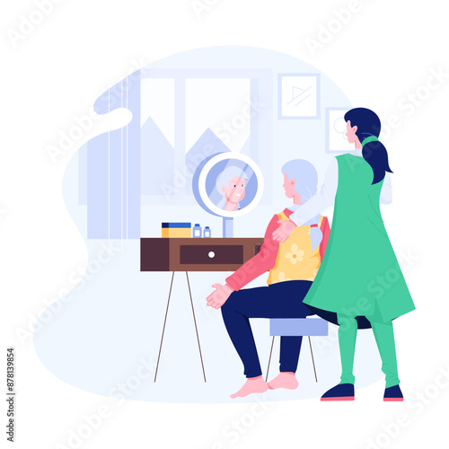 Elderly man getting haircut, flat illustration 