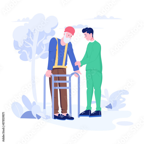 Gerontology nurse helping elderly in walking, flat illustration 