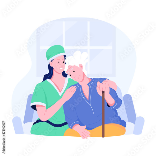 A flat character illustration of elderly citizen care 