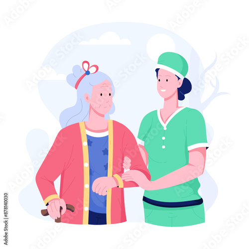 A flat character illustration of geriatric care 