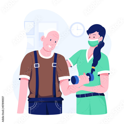 A flat character illustration of elderly fitness trainer 