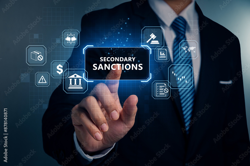 Punishment imposed on parties who disobey, Hand of man pointing to SANCTIONS, Economic sanctions. Punishment imposed on parties who disobey, Hand of man pointing to SANCTIONS, Economic sanctions.