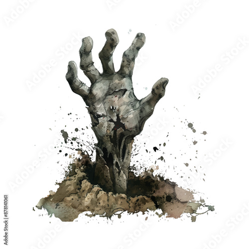Zombie hand for Halloween, isolated watercolor coming out of the dirt on white background.