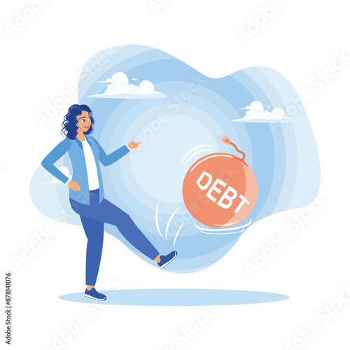 Woman kicking debt bomb ball. Businesswoman free from debt. Debt-free concept. Flat vector illustration.