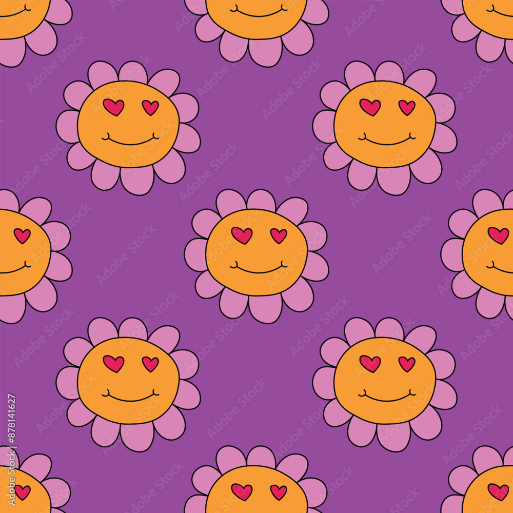 1970s floral seamless pattern. Groovy and funky hippie aesthetic.Good vibes only.Ornament with flowers, botany, petals.Psychedelic rainbow repeating background.Retro print for fabric with nature. 1970s floral seamless pattern. Groovy and funky hippie aesthetic.Good vibes only.Ornament with flowers, botany, petals.Psychedelic rainbow repeating background.Retro print for fabric with nature.