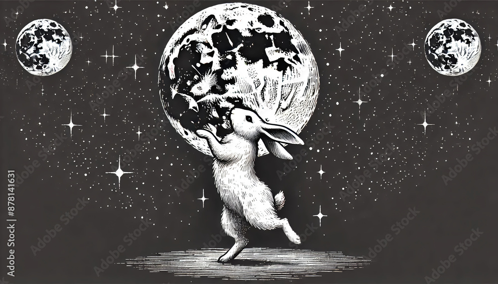 Naklejka premium Rabbit Dancing Under Moon