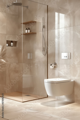 A bathroom with a toilet and a shower