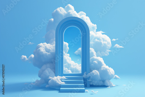 3D rendering of a room with blue walls and white clouds. A bright arch leading to the sky, surrounded by white clouds, symbolizing the path to the unknown on a minimalist blue background