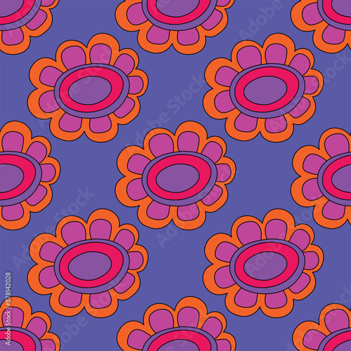 1970s floral seamless pattern. Groovy and funky hippie aesthetic.Good vibes only.Ornament with flowers, botany, petals.Psychedelic rainbow repeating background.Retro print for fabric with nature.	