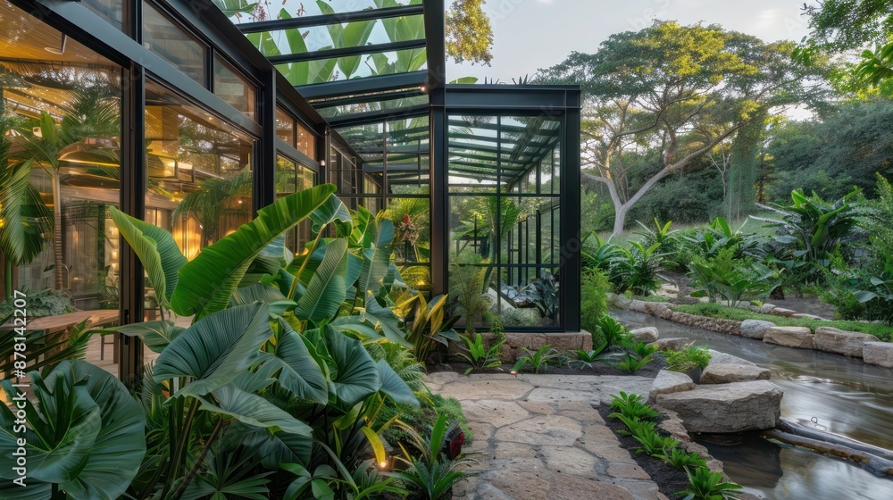 Modern ranch with a glass-enclosed botanical room filled with tropical plants and a small stream Modern ranch with a glass-enclosed botanical room filled with tropical plants and a small stream