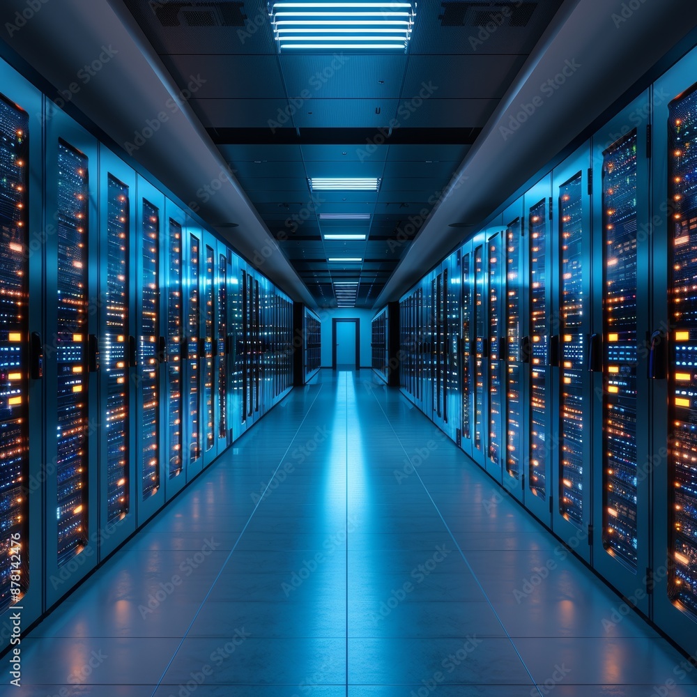 A long, narrow room is filled with rows of rack-mounted servers. The servers are lit by blue lights, and the floor is made of shiny black tile. The room is empty, except for the servers A long, narrow room is filled with rows of rack-mounted servers. The servers are lit by blue lights, and the floor is made of shiny black tile. The room is empty, except for the servers