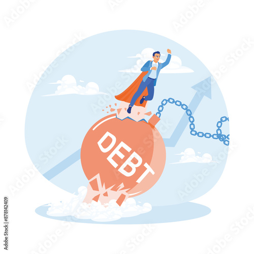 Businessman flying through debt ball. Man trying to resolve debt burden. Breaking debt concept. Flat vector illustration.