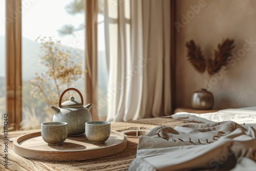 A tea set with two cups and a teapot is on a tray in a bedroom